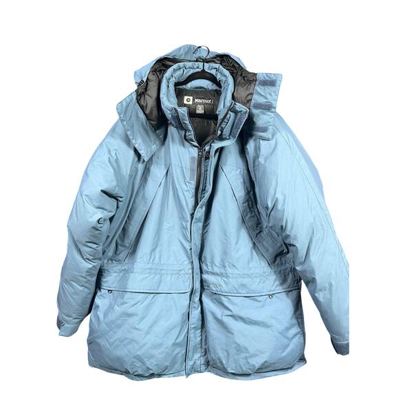 Marmot Jacket Mens XXL Blue Goose Down Parka Hooded Winter Coat Nylon Outdoor - Picture 1 of 9